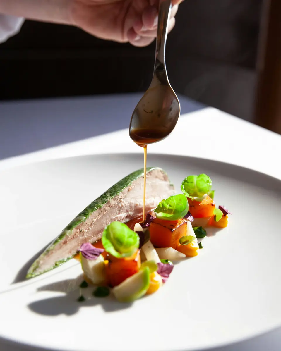 Chef che completa un piatto con la salsa