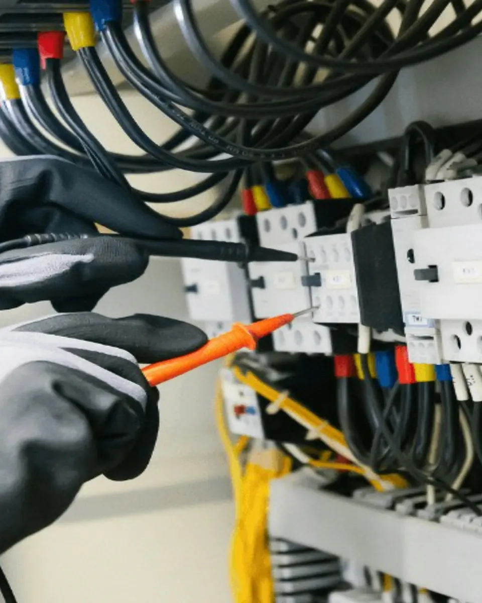 Mani con i guanti che misurano la tensione in un quadro elettrico
