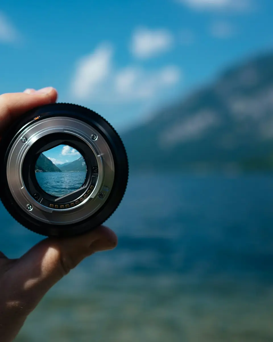 Obiettivo fotografico tenuto in mano davanti a un lago di montagna