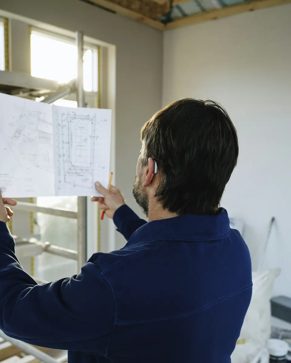 Capocantiere che controlla il progetto in una casa in ristrutturazione